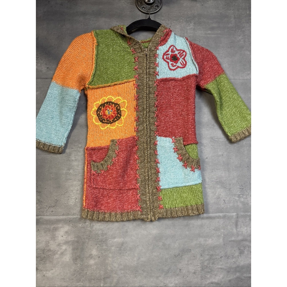 mimi and maggie colorful patchwork knitted zip-up hoodie Floral Embroidery 5